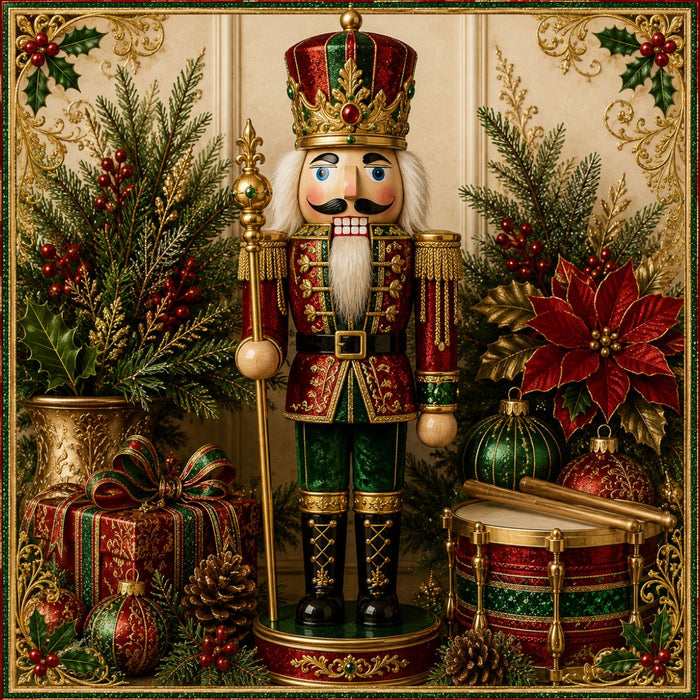 Regal red green and gold nutcracker Christmas metal wreath sign with drum, ornaments, greenery and presents TTE-779