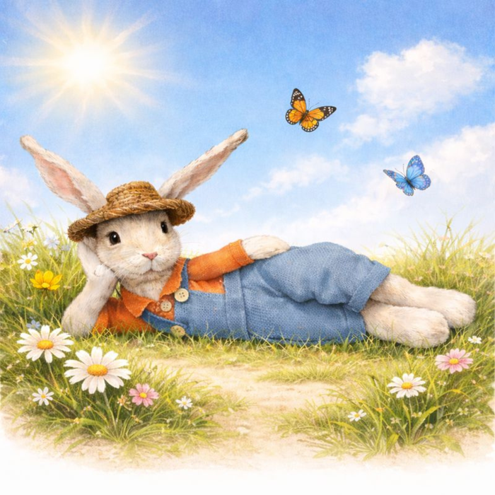 Relaxing Bunny 10 inch metal sign from Trendy Tree featuring a bunny in blue overalls lounging in a sunny meadow, perfect for spring and Easter wreath making and seasonal wreath accents.
