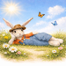 Relaxing Bunny 10 inch metal sign from Trendy Tree featuring a bunny in blue overalls lounging in a sunny meadow, perfect for spring and Easter wreath making and seasonal wreath accents.
