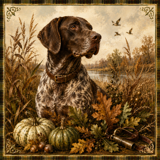 Retriever hunting dog in an autumn marsh with ducks, pumpkins and rustic fall foliage.