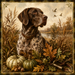 Retriever hunting dog in an autumn marsh with ducks, pumpkins and rustic fall foliage.