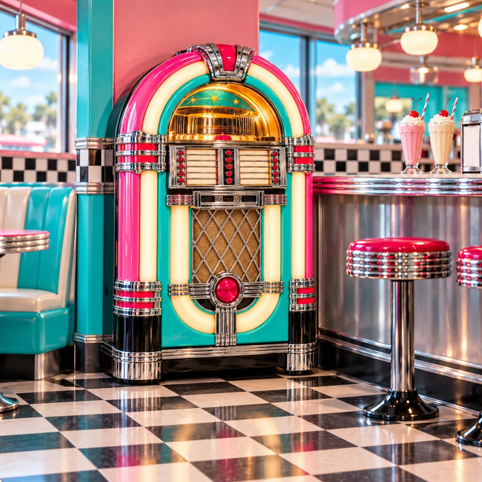 Retro 1950s diner flat metal sign featuring a colorful turquoise and pink jukebox, chrome counter, red stools, milkshakes, and black-and-white checkered floor, TTE-901.