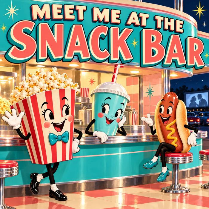 Retro 1950s Meet Me at the Snack Bar flat metal sign featuring smiling cartoon popcorn, soda, and hot dog at a turquoise drive-in movie concession stand, TTE-899.