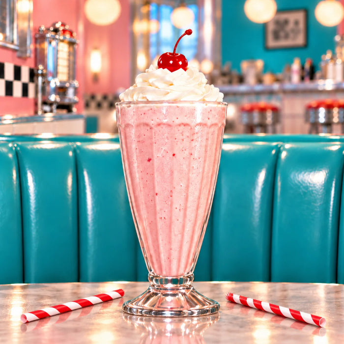 Retro 1950s strawberry milkshake flat metal sign featuring a pink milkshake with whipped cream and cherry, turquoise diner booth, and striped straws, TTE-902.