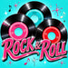Retro 1950s Rock & Roll flat metal sign featuring three black vinyl 45 records, bright pink lettering, musical notes, and starbursts on a turquoise background, TTE-903.
