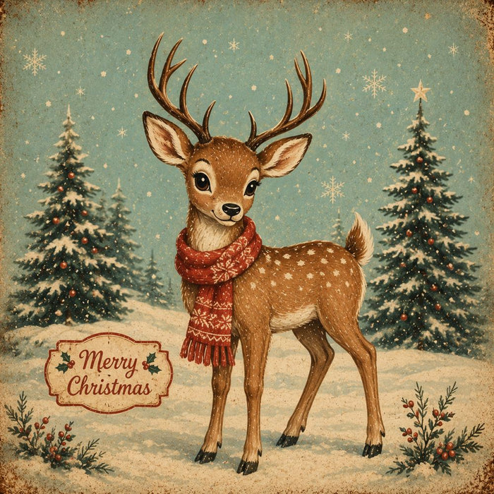 Retro Christmas 10 inch metal sign with cute deer wearing a red scarf, snowy evergreen trees, falling snow and Merry Christmas greeting on an aqua background, TTE-702.