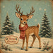 Retro Christmas 10 inch metal sign with cute deer wearing a red scarf, snowy evergreen trees, falling snow and Merry Christmas greeting on an aqua background, TTE-702.