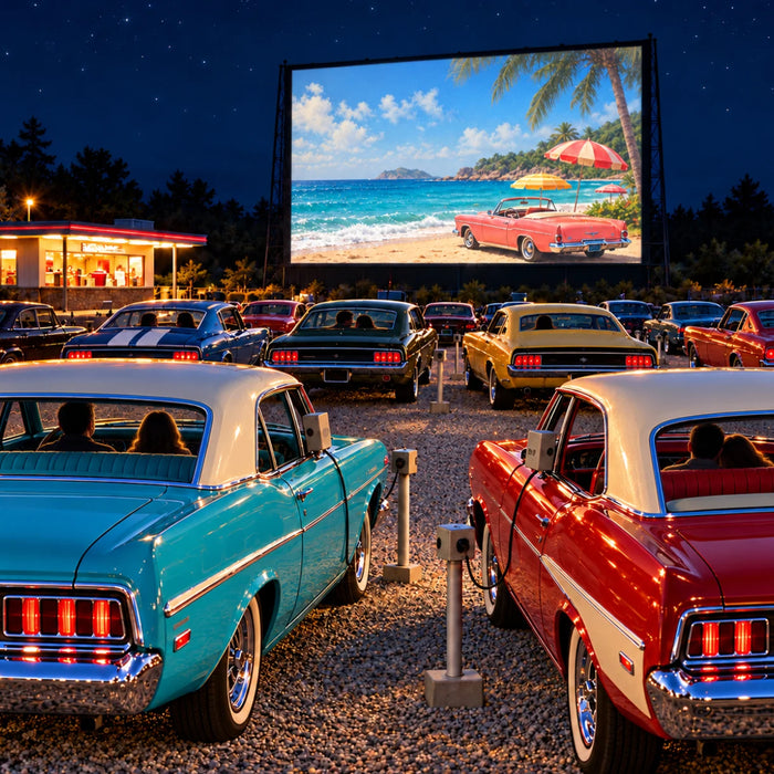 Retro drive-in movie theater flat metal sign with colorful classic cars, window speakers, and a large outdoor screen showing a tropical beach scene, TTE-900.