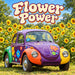 Flower Power flat metal sign featuring a colorful purple hippie Volkswagen Beetle decorated with flowers in a sunflower field, with retro lettering, TTE-904.