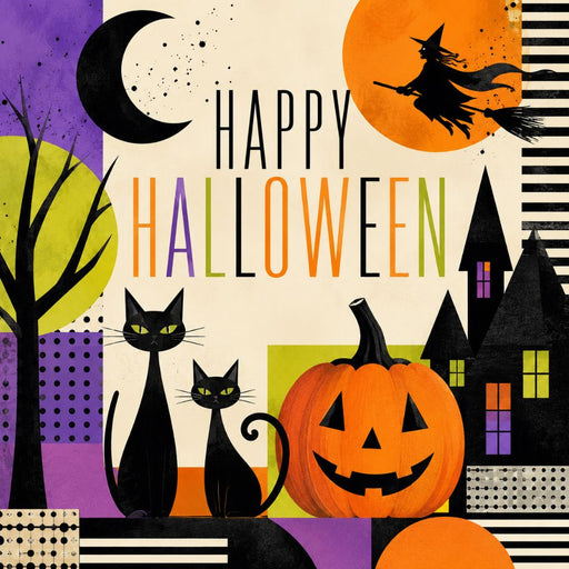 Retro Halloween metal wreath sign with black cats, jack-o'-lantern, flying witch, moon and haunted house in orange, purple, lime and black, TTE-602.