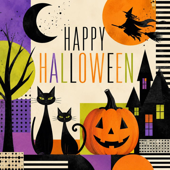 Retro Halloween metal wreath sign with black cats, jack-o'-lantern, flying witch, moon and haunted house in orange, purple, lime and black, TTE-602.