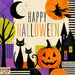 Retro Halloween metal wreath sign with black cats, jack-o'-lantern, flying witch, moon and haunted house in orange, purple, lime and black, TTE-602.