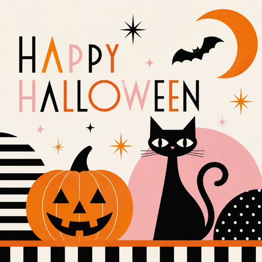 Retro Happy Halloween 10 inch metal sign with black cat, orange jack-o'-lantern, crescent moon and bat in orange, pink, black and cream, wreath accent TTE-614.