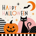 Retro Happy Halloween 10 inch metal sign with black cat, orange jack-o'-lantern, crescent moon and bat in orange, pink, black and cream, wreath accent TTE-614.