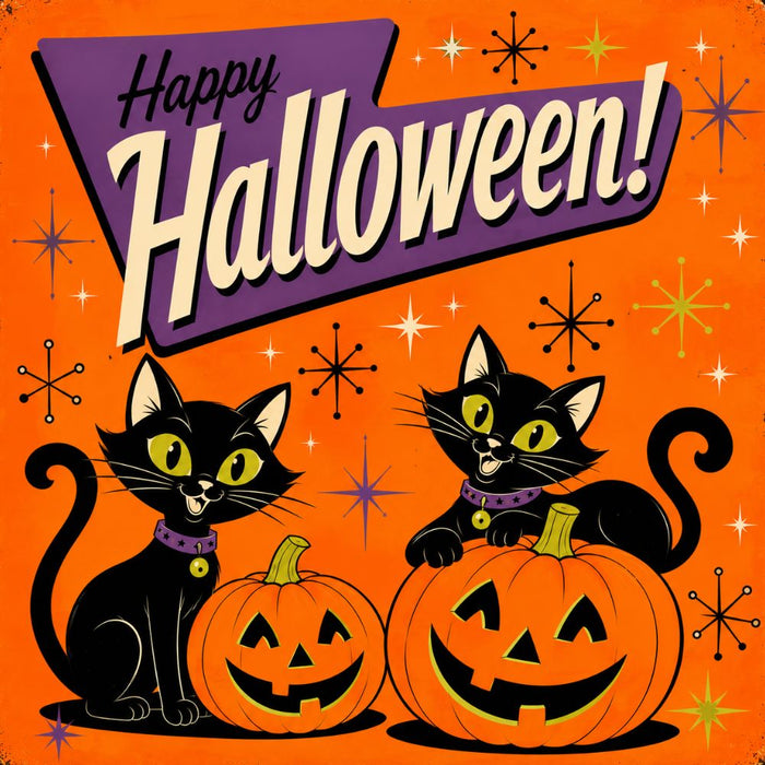 10 x 10 metal Halloween wreath sign featuring retro black cats, smiling jack-o'-lanterns, atomic stars, and a Happy Halloween greeting. Exclusive Trendy Tree Design for deco mesh wreaths, grapevine wreaths, or framing. SKU TTE-505.