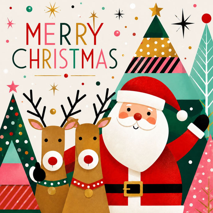 Retro Merry Christmas metal wreath sign with Santa, two reindeer and colorful geometric Christmas trees TTE-778
