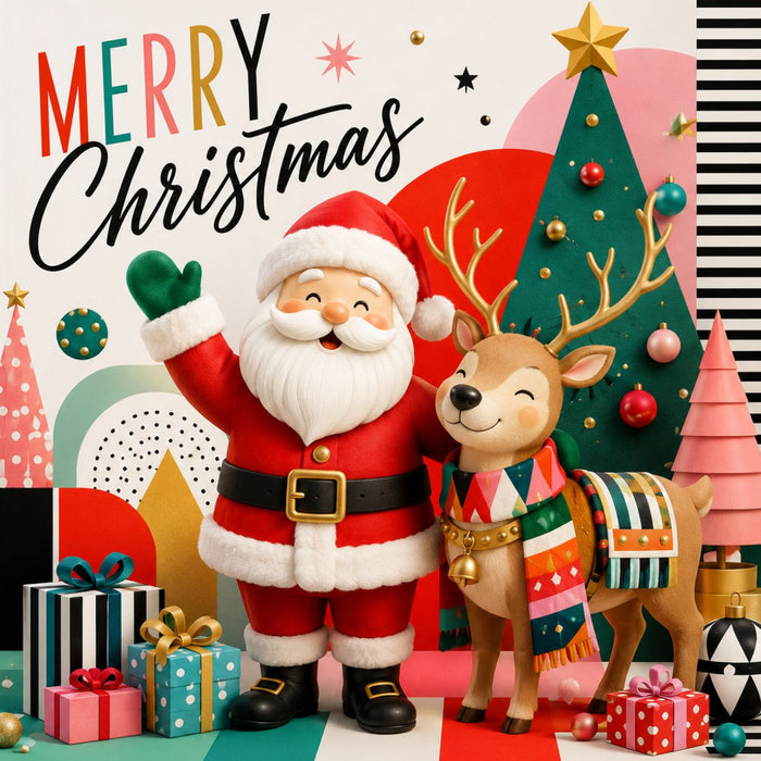 Retro Merry Christmas metal wreath sign with Santa, reindeer, colorful Christmas trees and presents TTE-777