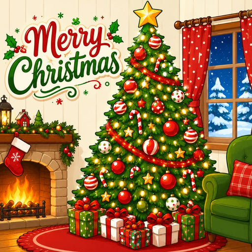 Retro Merry Christmas metal sign featuring a decorated Christmas tree, wrapped gifts, glowing fireplace, and cozy holiday living room. Exclusive Trendy Tree Design. SKU TTE-551.