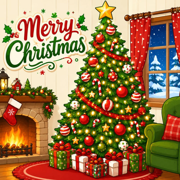 Retro Merry Christmas metal sign featuring a decorated Christmas tree, wrapped gifts, glowing fireplace, and cozy holiday living room. Exclusive Trendy Tree Design. SKU TTE-551.