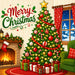 Retro Merry Christmas metal sign featuring a decorated Christmas tree, wrapped gifts, glowing fireplace, and cozy holiday living room. Exclusive Trendy Tree Design. SKU TTE-551.