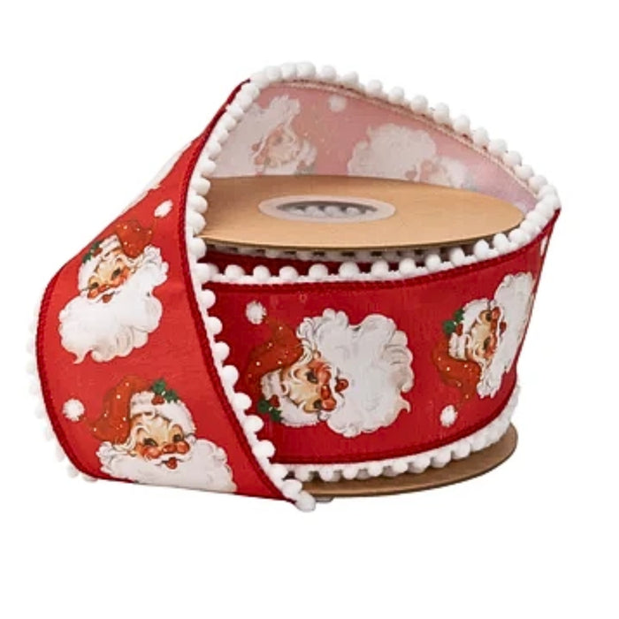 Roll of red wired Dupioni Christmas ribbon featuring vintage Santa faces, white snowflake accents, white pom pom edging, and white backing, 2.5 inches wide, SKU 9748W-250-63E.
