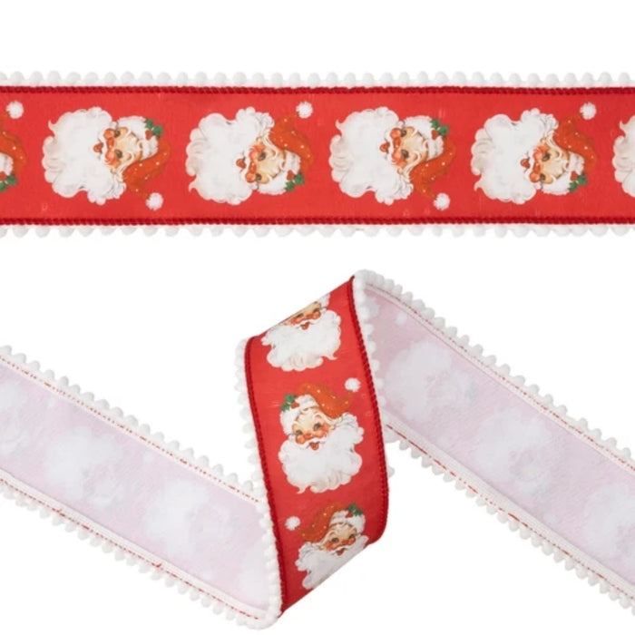 Close-up of retro Santa face ribbon showing repeating vintage Santa designs on red, white pom pom trim, and the light-colored reverse side, SKU 9748W-250-63E.
