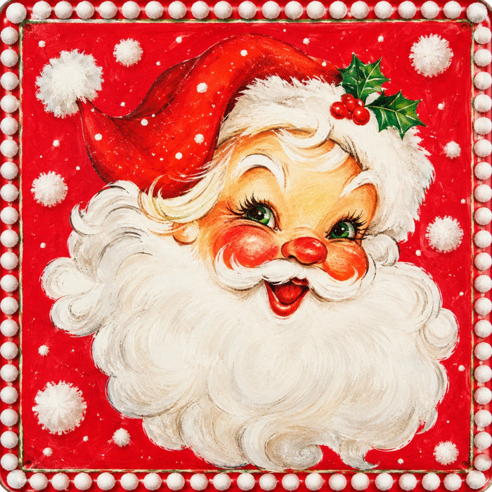 Retro Santa Christmas metal sign featuring a smiling vintage Santa face with rosy cheeks, green eyes, a red hat, white beard, and white pom-pom border on a bright red background, TTE-838.