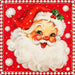Retro Santa Christmas metal sign featuring a smiling vintage Santa face with rosy cheeks, green eyes, a red hat, white beard, and white pom-pom border on a bright red background, TTE-838.
