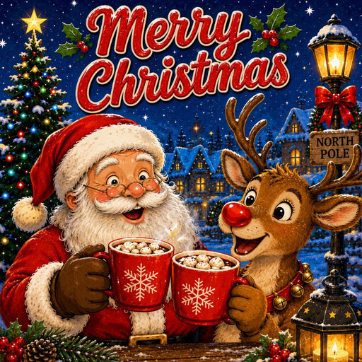 Retro Santa and reindeer Merry Christmas metal sign featuring festive hot cocoa m