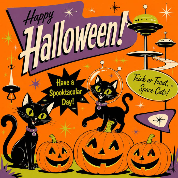 10 x 10 metal Halloween wreath sign featuring retro space cats, smiling jack-o'-lanterns, flying saucers, and the phrase "Trick or Treat, Space Cats!" Exclusive Trendy Tree Design for deco mesh wreaths, grapevine wreaths, or framing. SKU TTE-506.