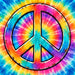 Retro tie-dye peace sign design in bright pink, turquoise, purple, orange and yellow on a flat metal wreath sign, TTE-905.