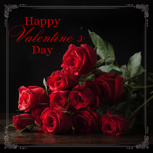 Valentine metal sign featuring a dramatic bouquet of red roses on a dark background with elegant script reading ‘Happy Valentine’s Day.’