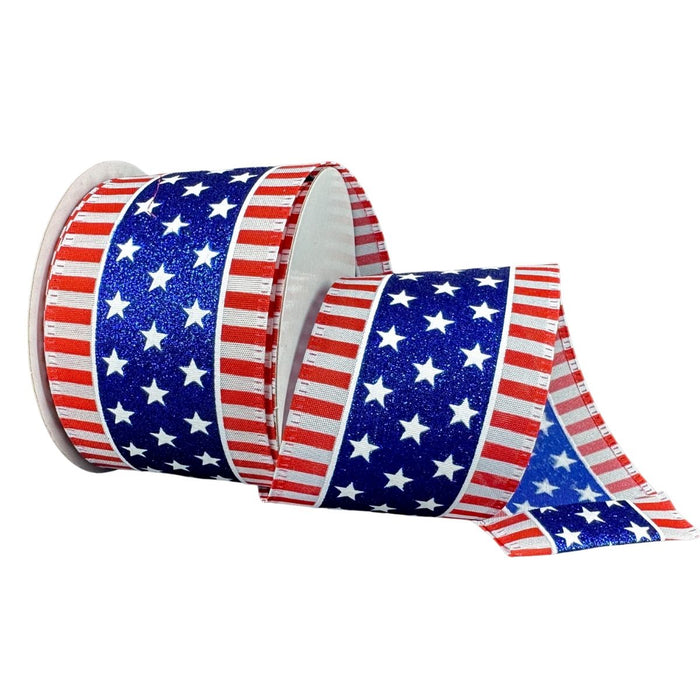 2.5 inch patriotic stars and stripes ribbon with royal blue glitter center, red and white striped wired ribbon for Fourth of July wreaths and bows