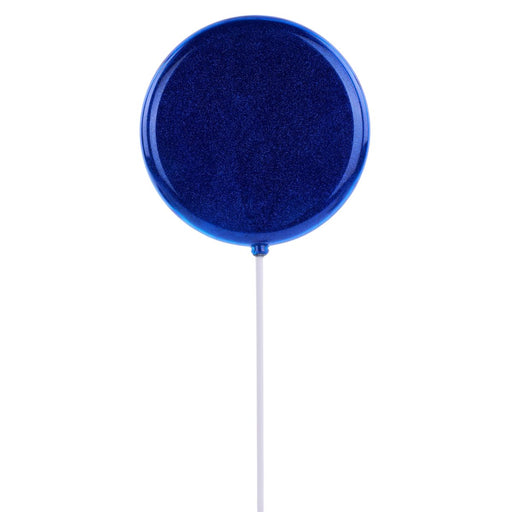 Royal blue glitter lollipop pick with round candy top on white stick, 5.9 inches wide and 13.75 inches tall, decorative plastic accent for patriotic wreaths, Christmas candy themes, and DIY craft projects.
