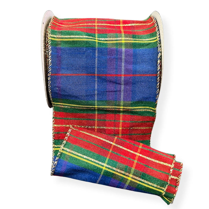 Royal blue, green and red faux dupioni plaid wired ribbon with gold accents, perfect for traditional Christmas and nutcracker decor.
