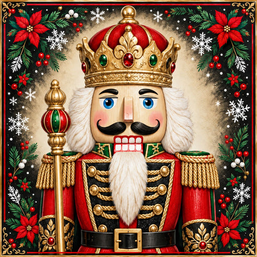 Royal Christmas nutcracker metal sign in red black and gold with jeweled crown, poinsettias, greenery and snowflakes TTE-769