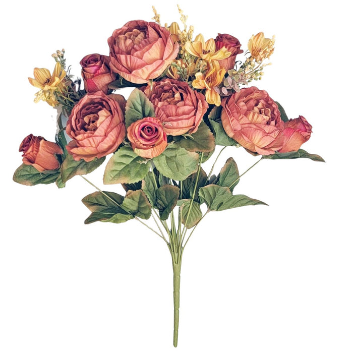 Rust cabbage rose floral bush with 14 stems, accent flowers and greenery, 19 inches.