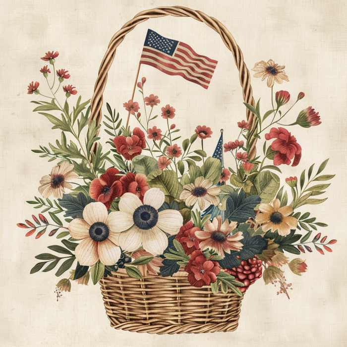Rustic floral basket design printed on a 10" x 10" square metal sign, featuring vintage red and cream flowers with greenery and a small American flag on a neutral farmhouse background.