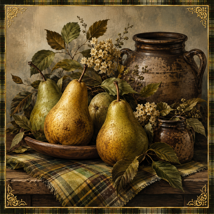 Rustic pear metal sign with green and golden pears, vintage pottery, foliage and plaid accents.