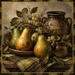 Rustic pear metal sign with green and golden pears, vintage pottery, foliage and plaid accents.