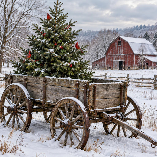 Rustic winter metal sign featuring an antique wooden farm wagon filled with a snowy evergreen tree, three red cardinals, red berries, and a weathered red barn in the snowy countryside, TTE-882.