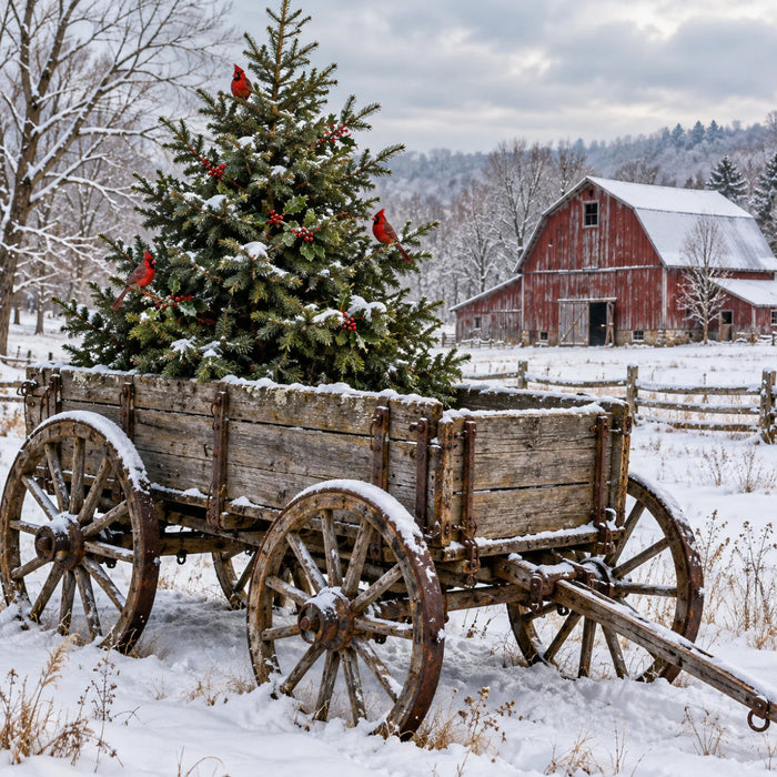 Rustic winter metal sign featuring an antique wooden farm wagon filled with a snowy evergreen tree, three red cardinals, red berries, and a weathered red barn in the snowy countryside, TTE-882.