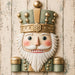 Sage green gold and ivory nutcracker Christmas metal wreath sign on distressed wood background