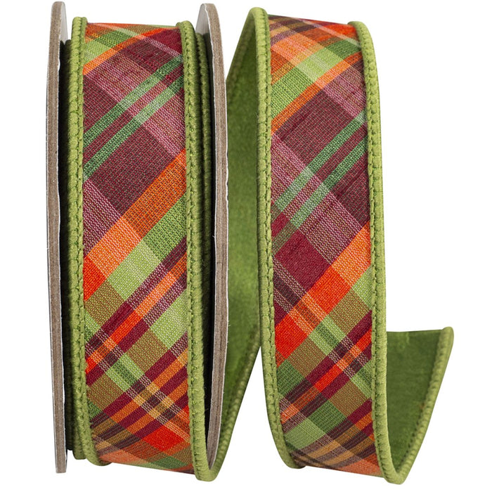 Sage green plaid wired fall ribbon with orange, burgundy and brown diagonal stripes, sage wired edges and solid sage backing, 1 inch x 5 yards, SKU 94755W-577-05D.