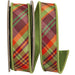 Sage green plaid wired fall ribbon with orange, burgundy and brown diagonal stripes, sage wired edges and solid sage backing, 1 inch x 5 yards, SKU 94755W-577-05D.