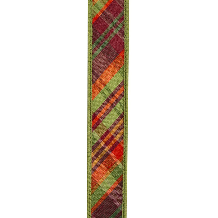 Sage green plaid wired fall ribbon with orange, burgundy and brown diagonal stripes, sage wired edges and solid sage backing, 1 inch x 5 yards, SKU 94755W-577-05D.