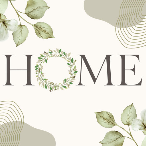 Home metal sign with sage green leaves, light greenery and a botanical wreath forming the letter O.
