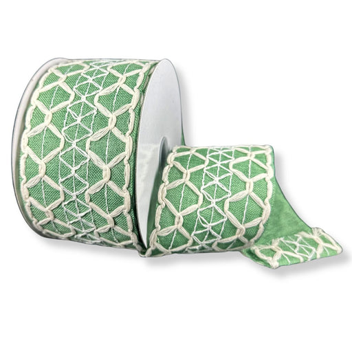 Sage green linen wired ribbon with textured ivory scalloped open-weave pattern, 2.5 inches wide.