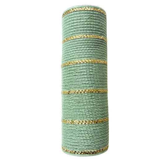 The 10.25X10Yd Poly/Jute/Metallic Mesh in Sage/Matte Gold (RY8329W5) features horizontal matte gold stripes on sage mesh, creating a semi-transparent fabric that adds elegance to any setting.