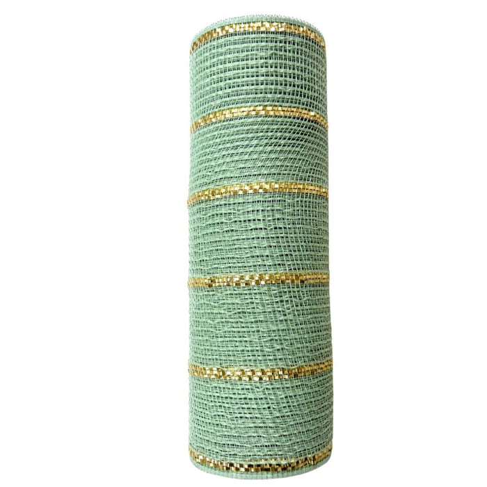 The 10.25X10Yd Poly/Jute/Metallic Mesh in Sage/Matte Gold (RY8329W5) features horizontal matte gold stripes on sage mesh, creating a semi-transparent fabric that adds elegance to any setting.